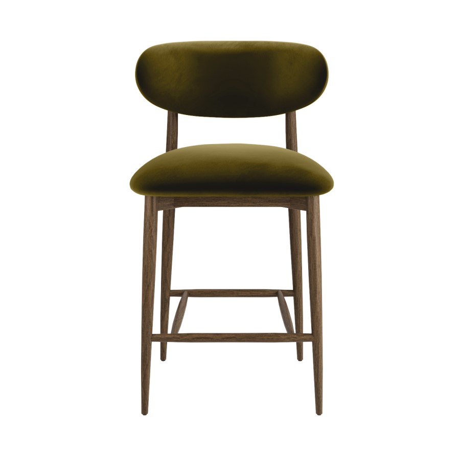 Set of 2 Walnut and Olive Green Velvet Curved Kitchen Stools with Solid Wood Open Back - Kori