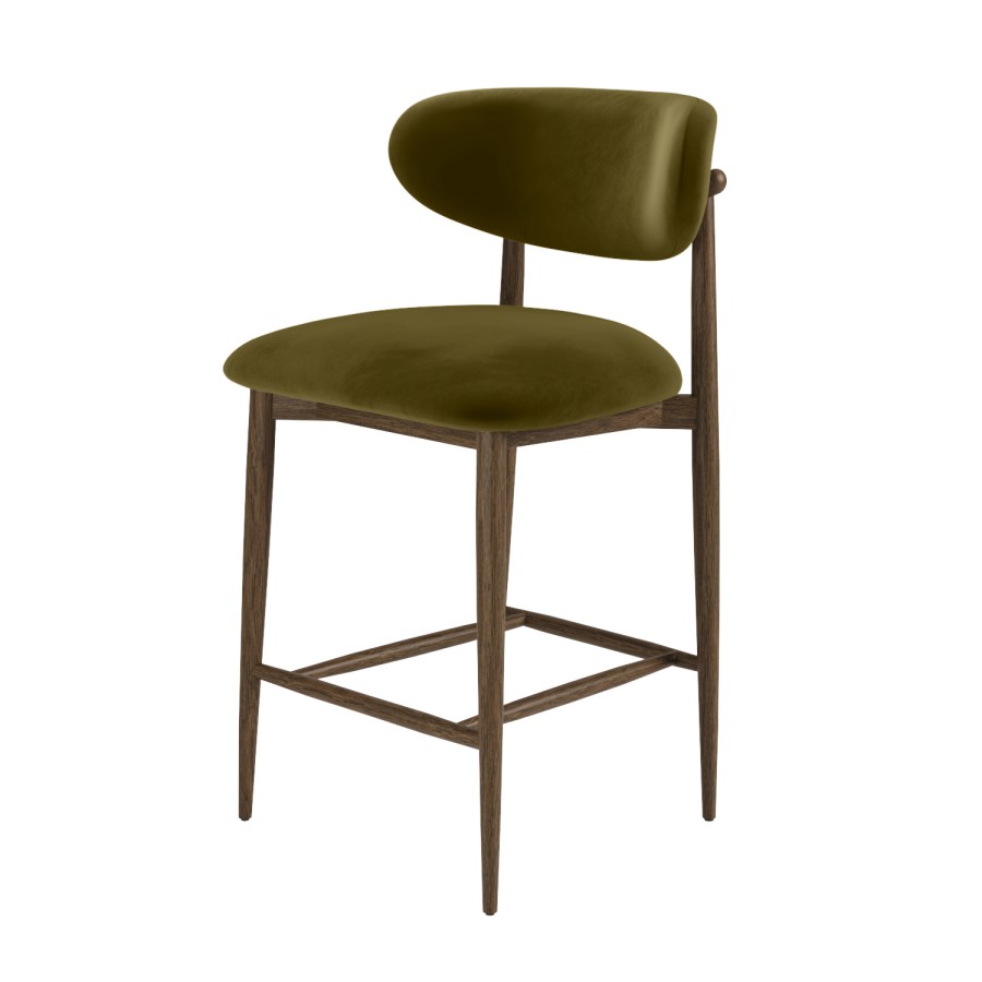 Set of 2 Walnut and Olive Green Velvet Curved Kitchen Stools with Solid Wood Open Back - Kori