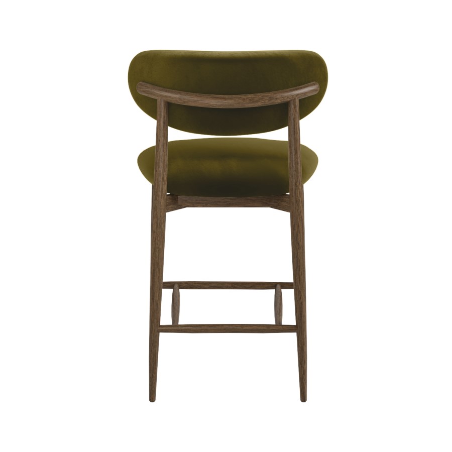 Set of 2 Walnut and Olive Green Velvet Curved Kitchen Stools with Solid Wood Open Back - Kori