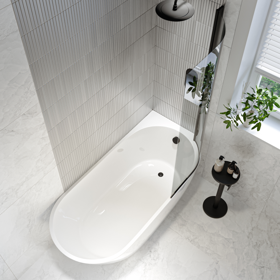 Freestanding Shower Bath Single Ended Right Hand Corner with Black Bath Screen 1650 x 740mm - Lisbon