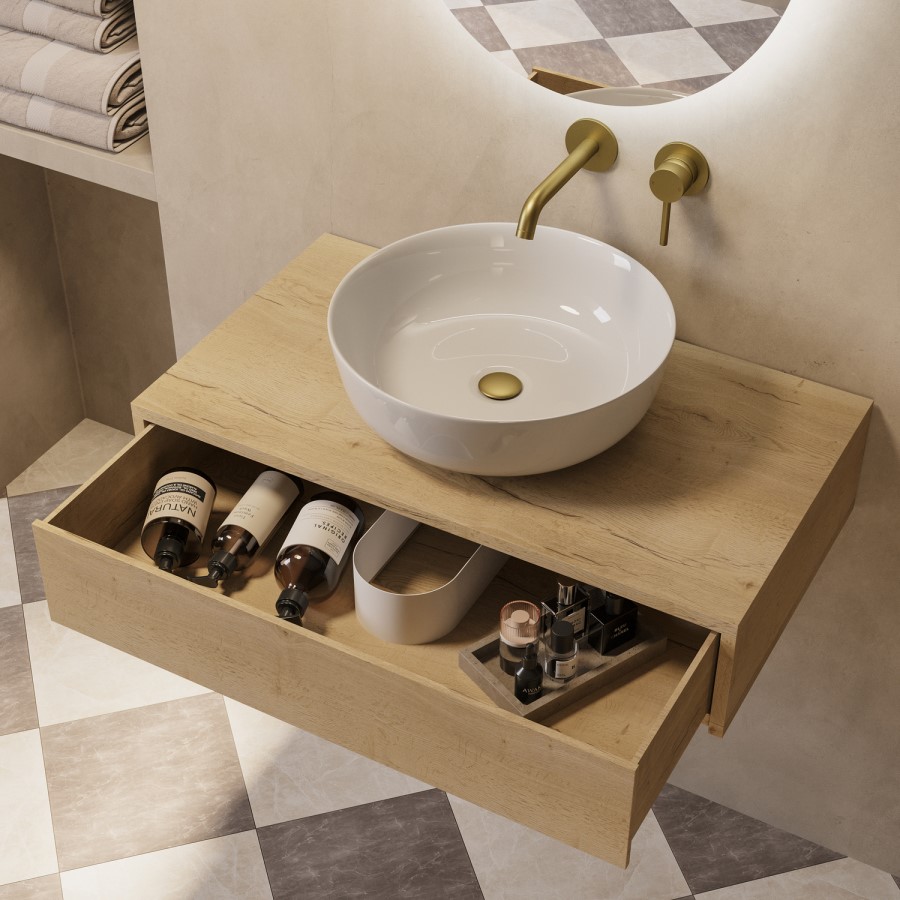 800mm Oak Wood Effect Wall Hung Countertop Vanity Unit with Basin- Lugo
