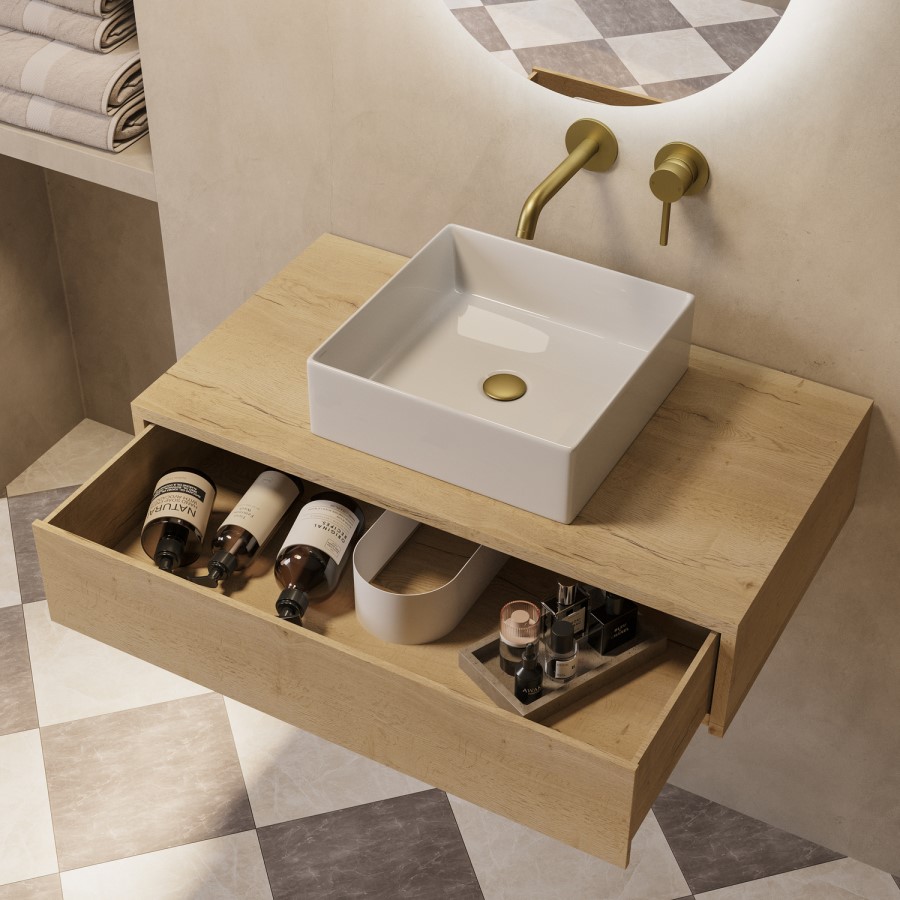 800mm Oak Wall Hung Countertop Vanity Unit with Square Basin - Lugo