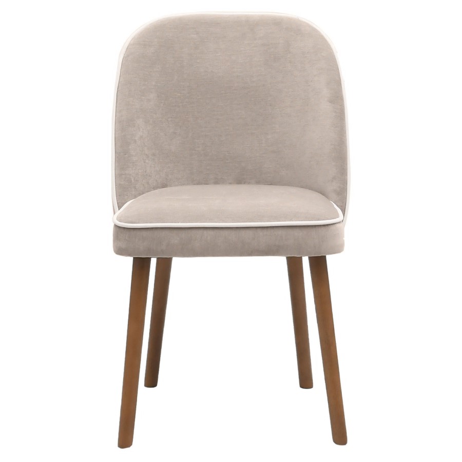 Neutral Ceramic Round Walnut Dining Table Set with 4 Beige Upholstered Chairs - Seats 4 - Malia