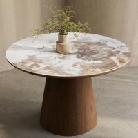 Round Walnut and Marble Effect Pedestal Dining Table - Seats 4 - Malia