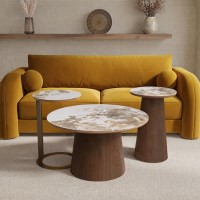 Round Walnut and Neutral Marble Effect Nest of 3 Tables - Malia