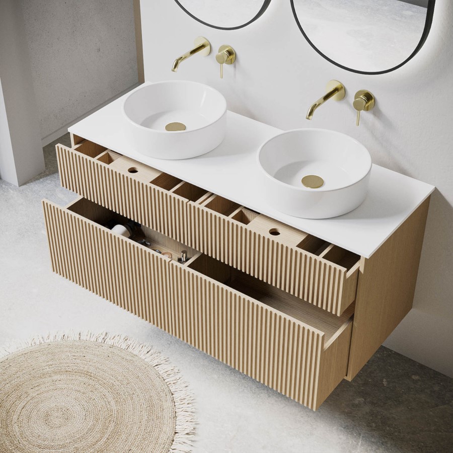 1250mm Wooden Fluted Wall Hung Double Countertop Vanity Unit with Basins - Matira