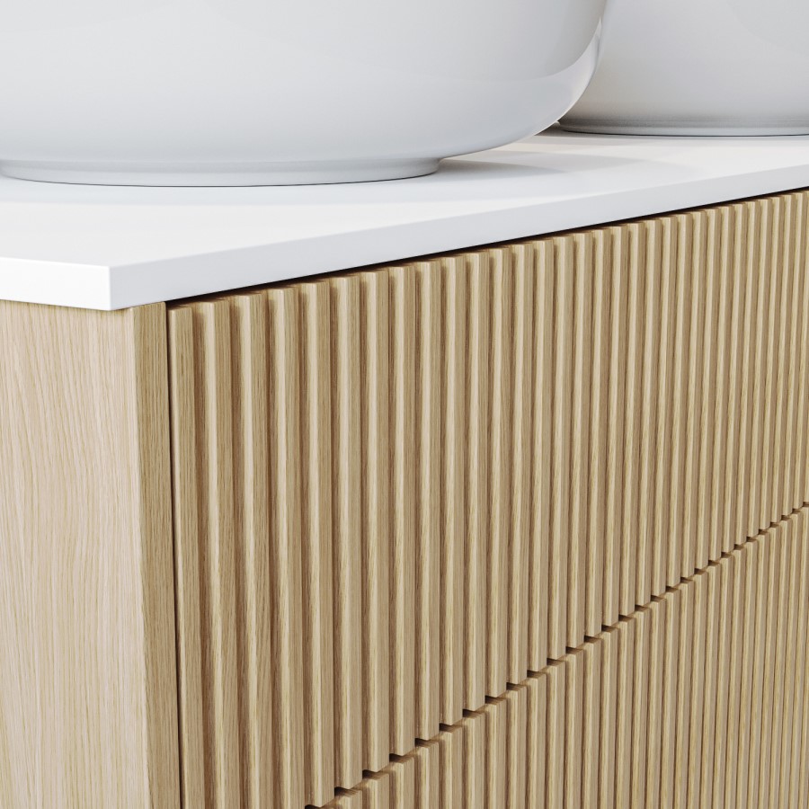 1250mm Wooden Fluted Wall Hung Double Countertop Vanity Unit with Basins - Matira