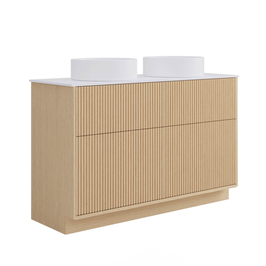 1250mm Wooden Fluted Freestanding Double Countertop Vanity Unit with Basins - Matira