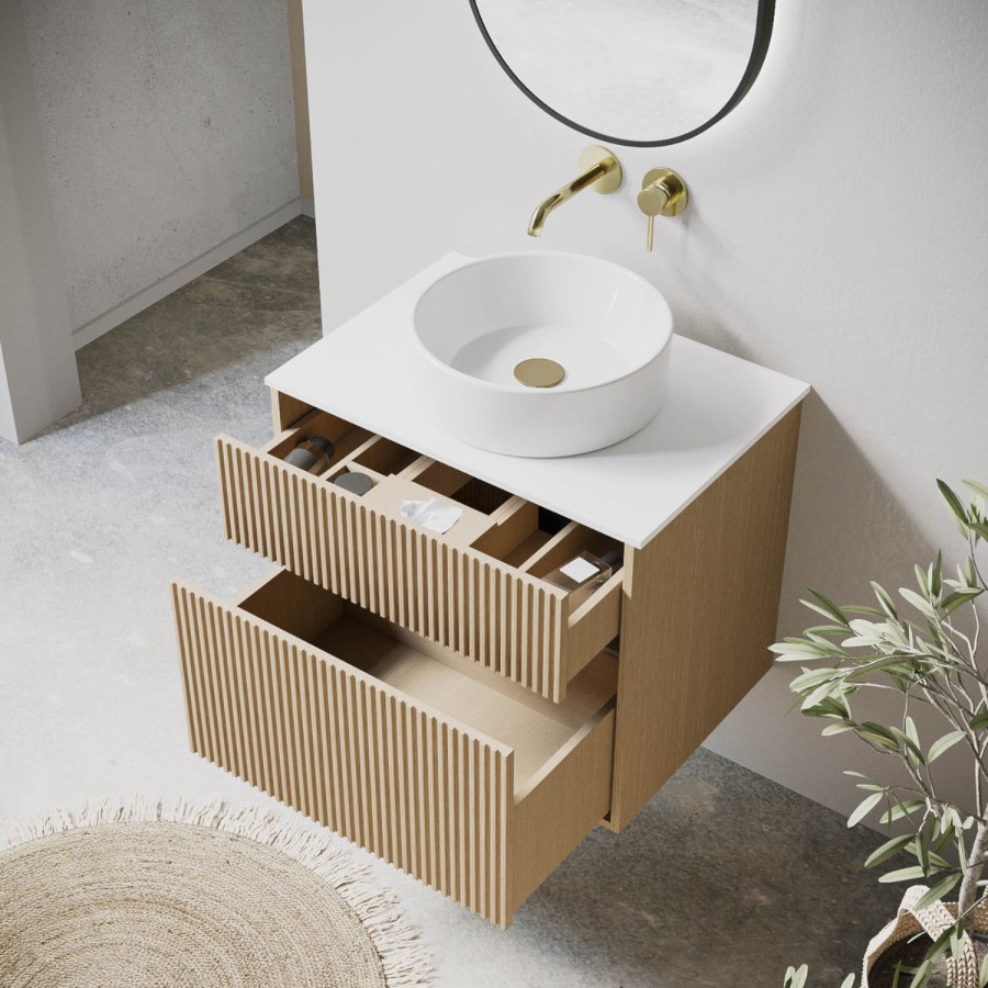 650mm Wooden Fluted Wall Hung Countertop Vanity Unit with Basin - Matira
