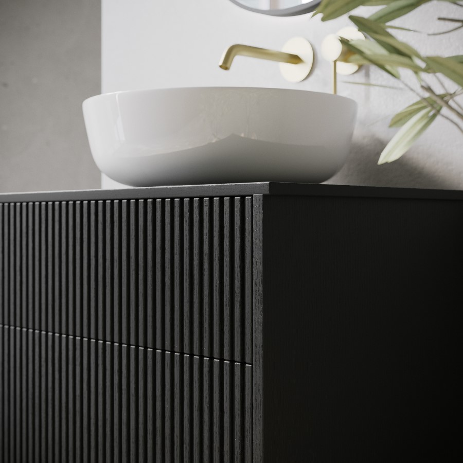 650mm Black Wooden Fluted Wall Hung Countertop Vanity Unit with Basin - Matira