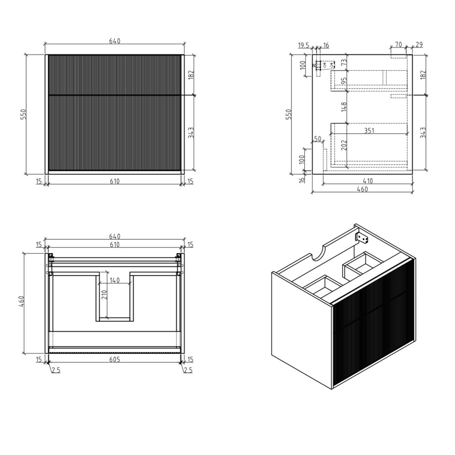 650mm Black Wooden Fluted Wall Hung Countertop Vanity Unit with Basin and Wood Effect Worktop - Matira