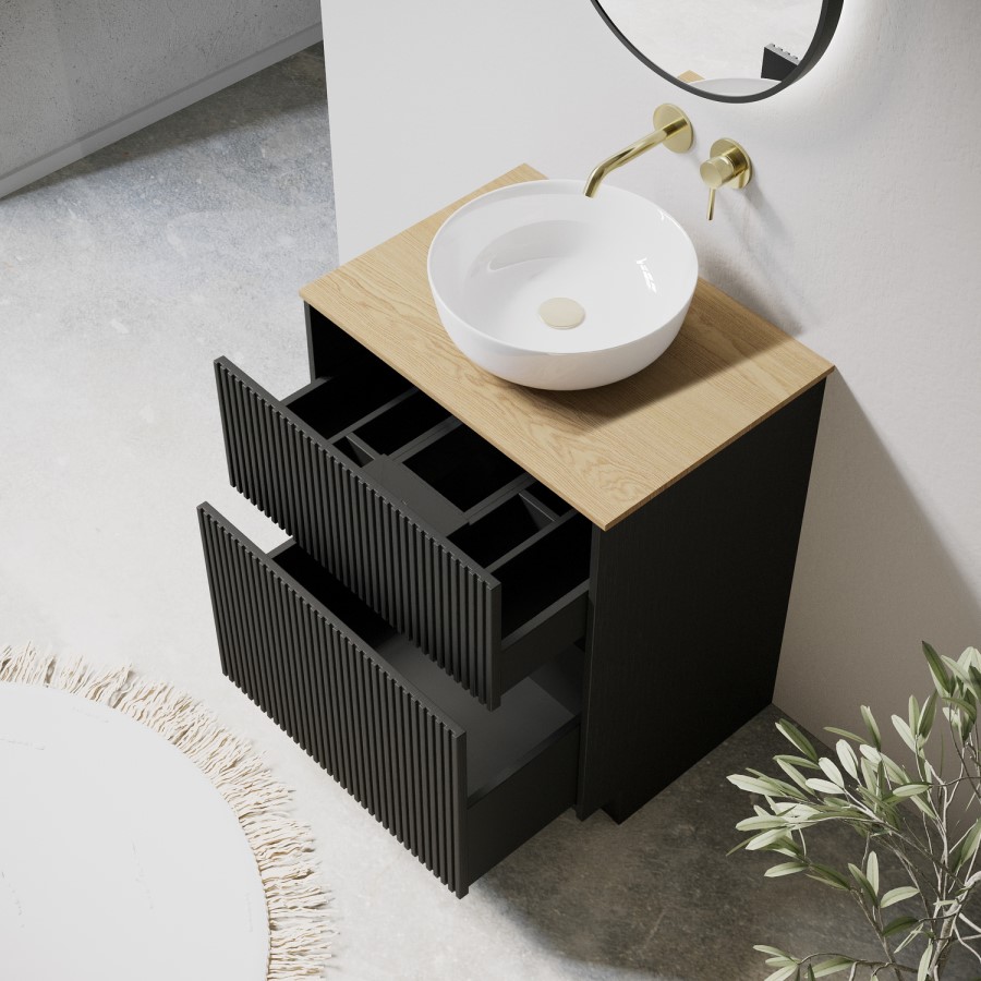 650mm Black Wooden Fluted Freestanding Countertop Vanity Unit with Basin and Wood Effect Worktop - Matira