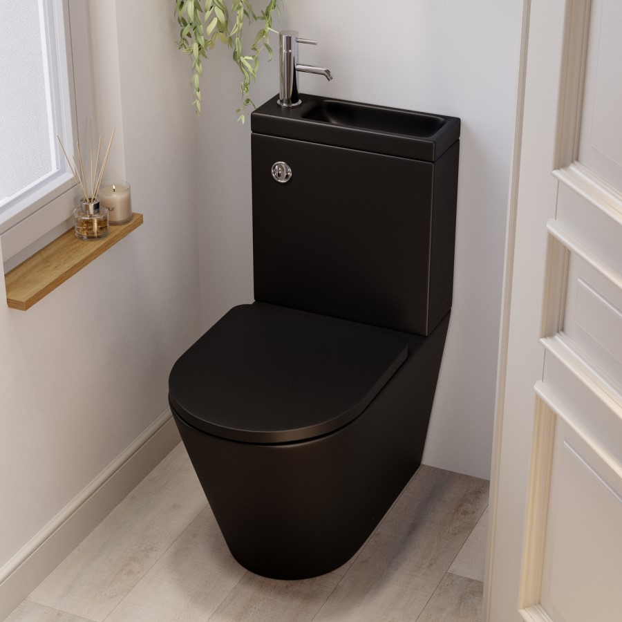 Matt Black Close Coupled Closed Back Toilet with Sink on Top & Chrome Fittings Cloakroom Suite - Legend
