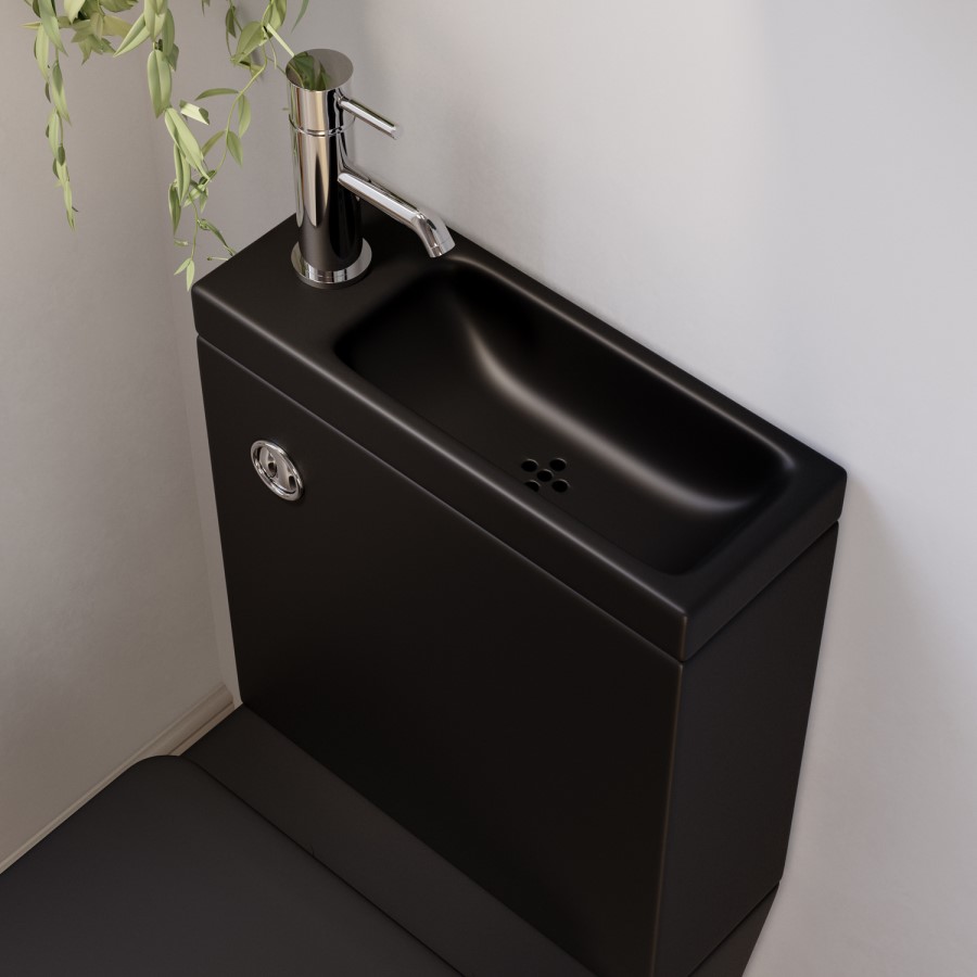 Matt Black Close Coupled Closed Back Toilet with Sink on Top & Chrome Fittings Cloakroom Suite - Legend