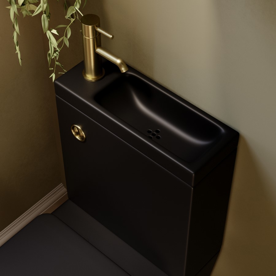 Matt Black Close Coupled Closed Back Toilet with Sink on Top & Brass Fittings Cloakroom Suite - Legend