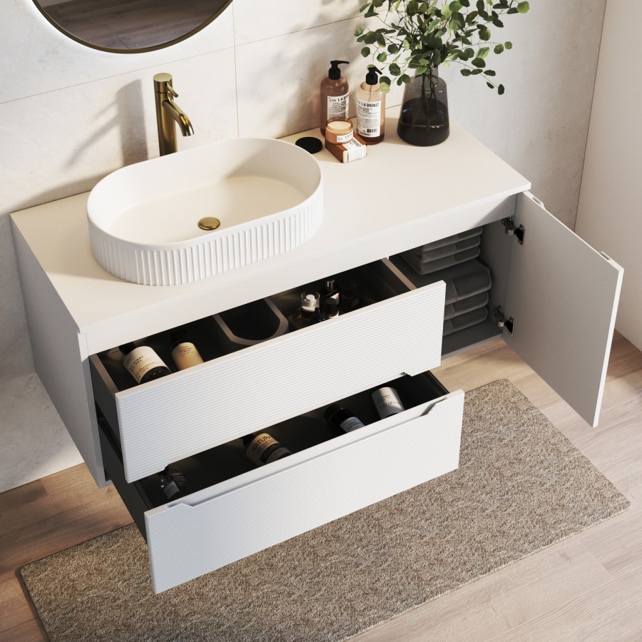 1200mm White Fluted Wall Hung Countertop Vanity Unit with Round Ceramic Basin - Melbourne