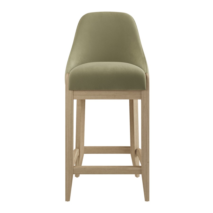 Set of 2 Sage Green Velvet Kitchen Stools with Solid Wood Legs - Madeline