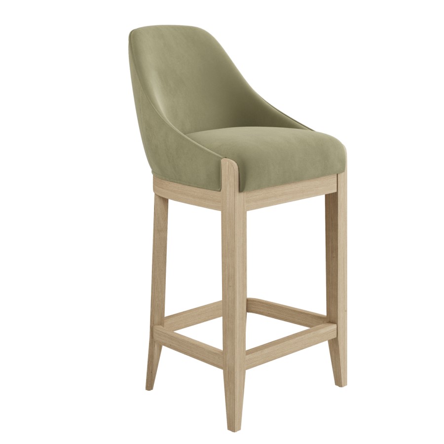 Set of 2 Sage Green Velvet Kitchen Stools with Solid Wood Legs - Madeline