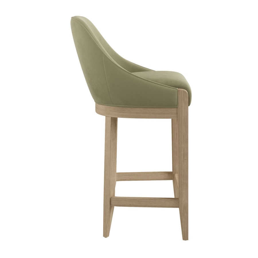 Set of 2 Sage Green Velvet Kitchen Stools with Solid Wood Legs - Madeline