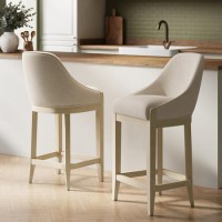 Set of 2 Beige Upholstered Kitchen Stools with Solid Wood Legs - Madeline