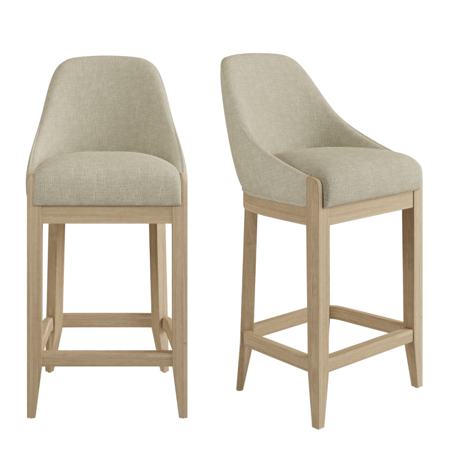 Set of 2 Beige Upholstered Kitchen Stools with Solid Wood Legs - Madeline