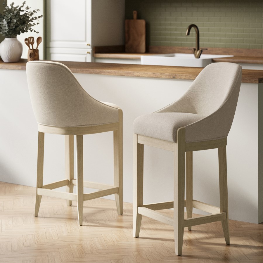 Set of 2 Beige Upholstered Kitchen Stools with Solid Wood Legs - Madeline