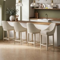 Set of 4 Beige Upholstered Kitchen Stools with Solid Wood Legs - Madeline