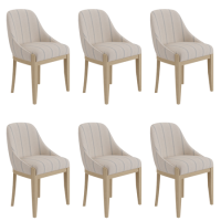 Set of 6 Beige and Blue Striped Upholstered Dining Chairs with Solid Wood Legs - Madeline