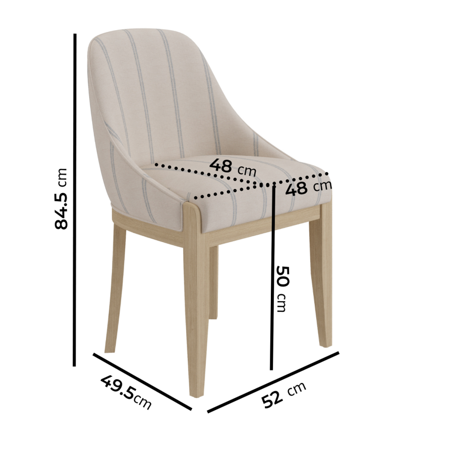 Set of 6 Beige and Blue Striped Upholstered Dining Chairs with Solid Wood Legs - Madeline