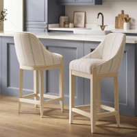 Set of 2 Beige and Blue Striped Upholstered Kitchen Stools with Solid Wood Legs - Madeline