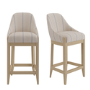 Set of 2 Beige and Blue Striped Upholstered Kitchen Stools with Solid Wood Legs - Madeline