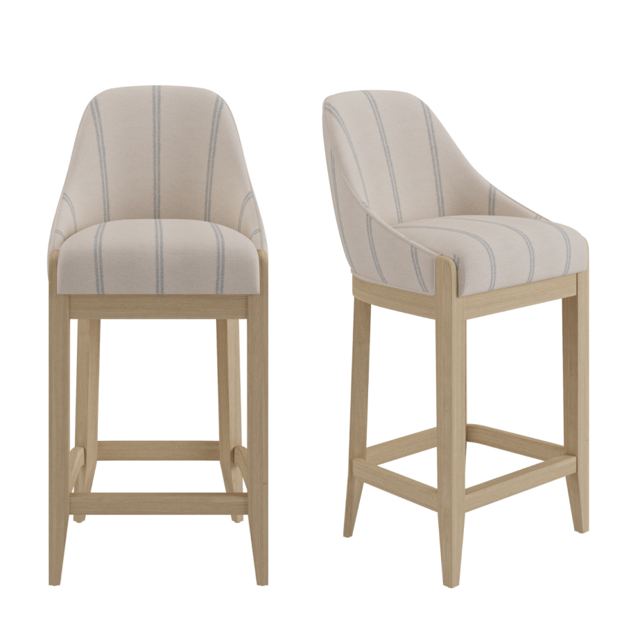 Set of 2 Beige and Blue Striped Upholstered Kitchen Stools with Solid Wood Legs - Madeline