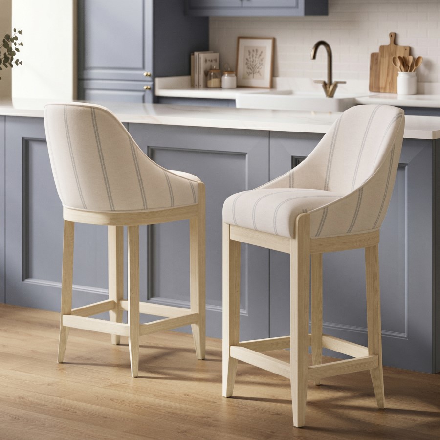Set of 2 Beige and Blue Striped Upholstered Kitchen Stools with Solid Wood Legs - Madeline