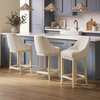 Set of 3 Beige and Blue Striped Upholstered Kitchen Stools with Solid Wood Legs - Madeline