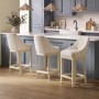 Set of 3 Beige and Blue Striped Upholstered Kitchen Stools with Solid Wood Legs - Madeline