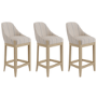 Set of 3 Beige and Blue Striped Upholstered Kitchen Stools with Solid Wood Legs - Madeline