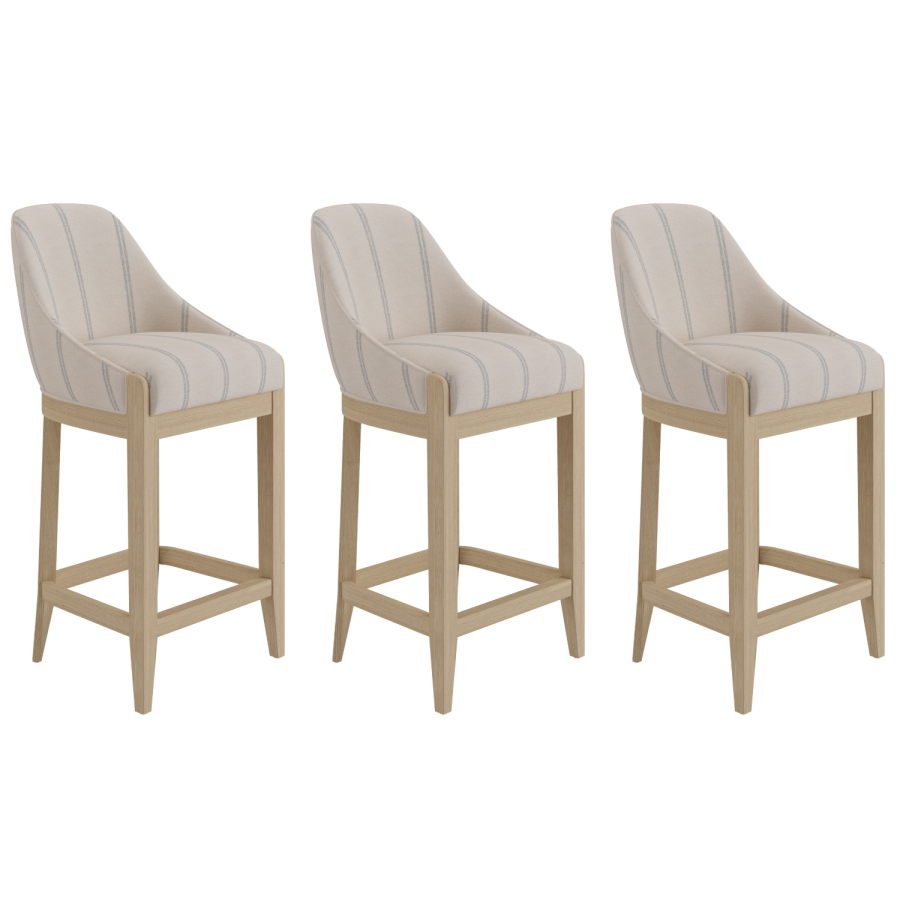 Set of 3 Beige and Blue Striped Upholstered Kitchen Stools with Solid Wood Legs - Madeline