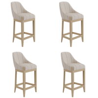 Set of 4 Beige and Blue Striped Upholstered Kitchen Stools with Solid Wood Legs - Madeline