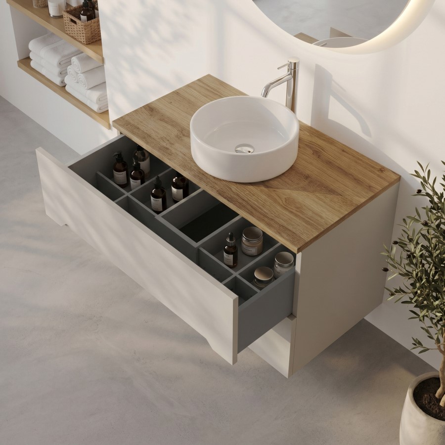 800mm Beige Wall Hung Countertop Vanity Unit with Oak Worktop and Basin - Morella