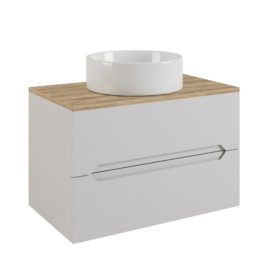 800mm Beige Wall Hung Countertop Vanity Unit with Oak Worktop and Basin - Morella