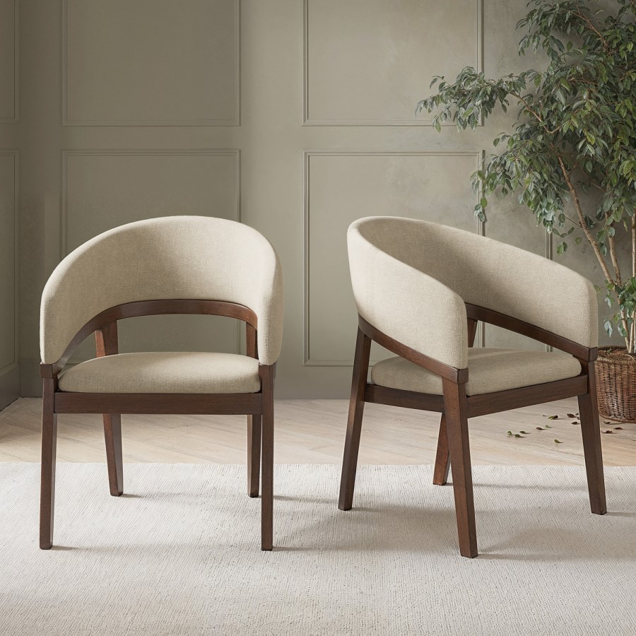 ONLY OPENED - Set of 2 Walnut and Beige Upholstered Curved Dining Chairs - Owen