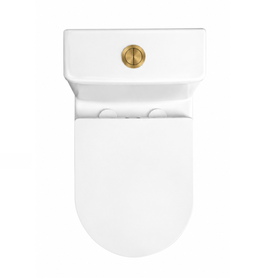 Close Coupled Rimless Closed Back Short Projection Toilet with Brushed Brass Button and Tornado Flush - Newport
