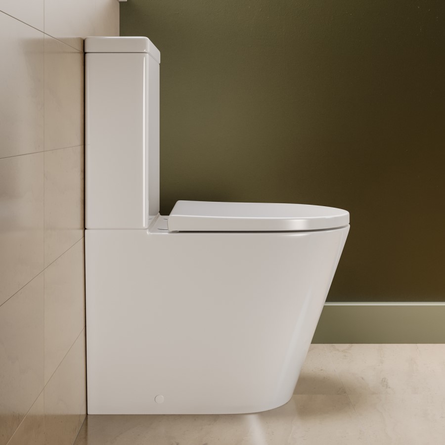 Close Coupled Rimless Closed Back Short Projection Toilet with Brushed Brass Button and Tornado Flush - Newport
