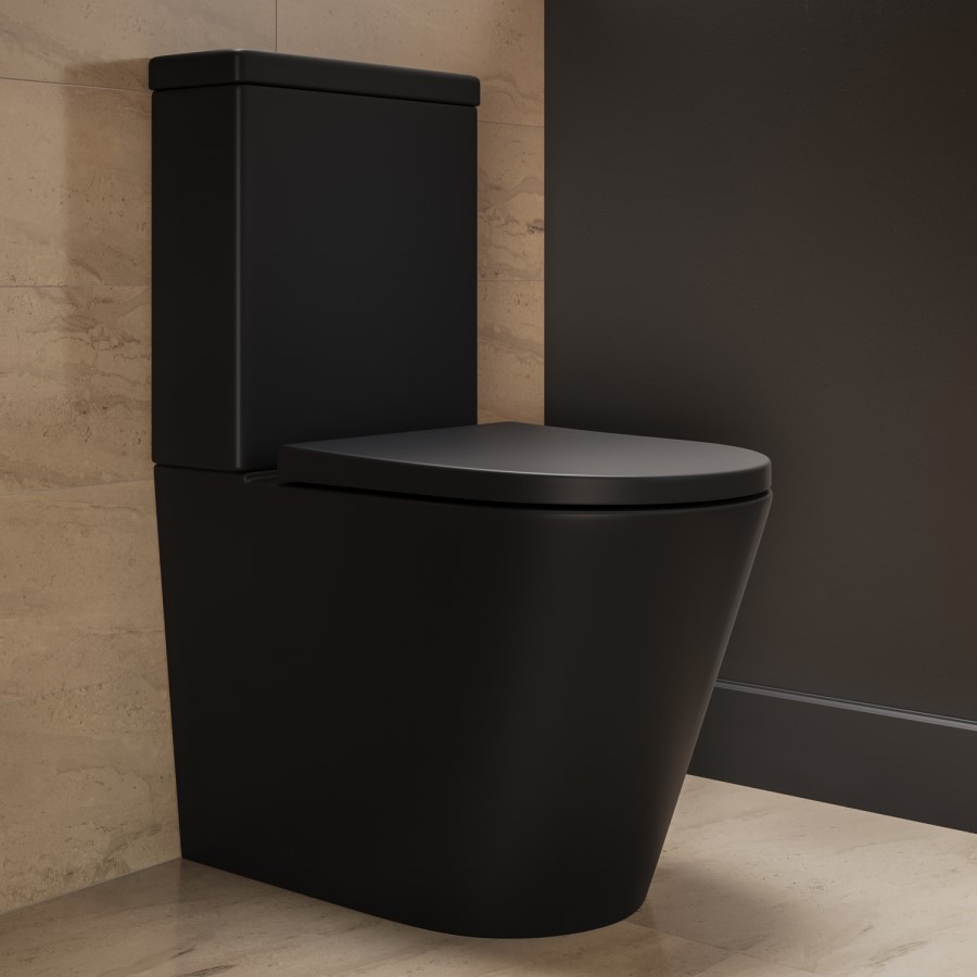 Matt Black Close Coupled Rimless Closed Back Short Projection Toilet with Brushed Brass Button and Tornado Flush - Newport