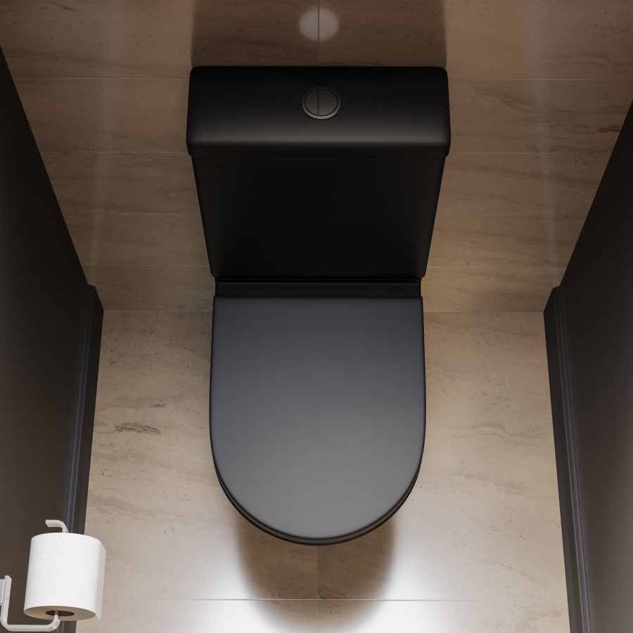 Matt Black Close Coupled Rimless Closed Back Short Projection Toilet with Chrome Button and Tornado Flush - Newport