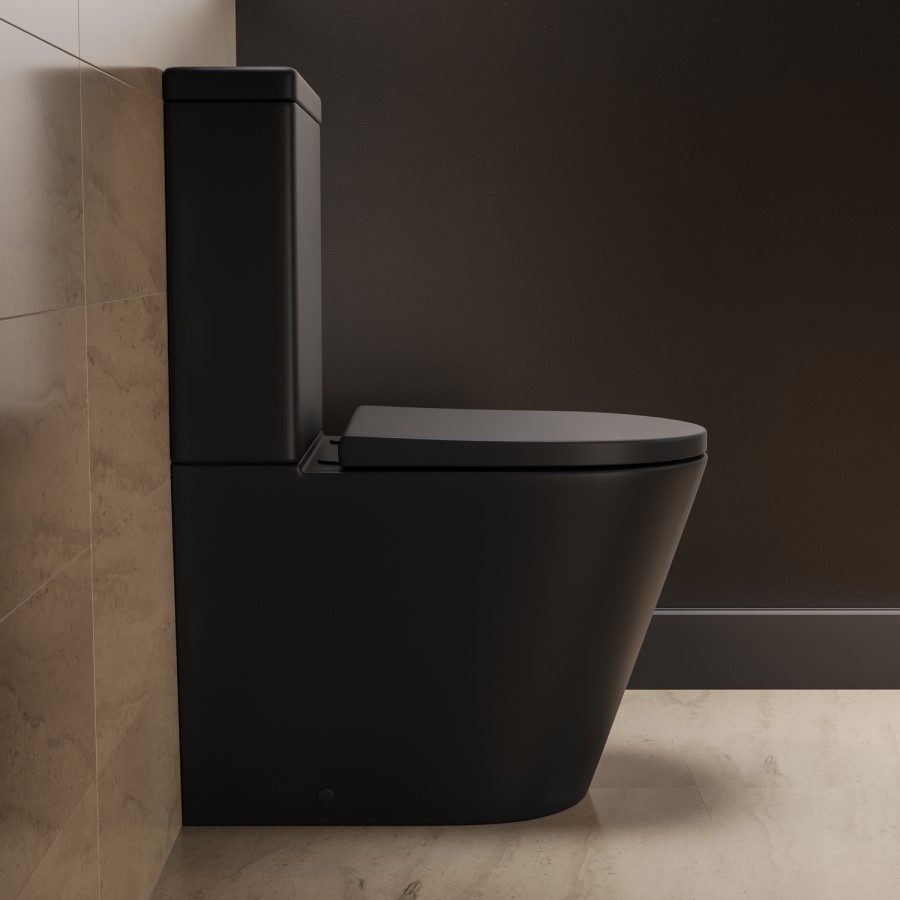 Matt Black Close Coupled Rimless Closed Back Short Projection Toilet with Chrome Button and Tornado Flush - Newport