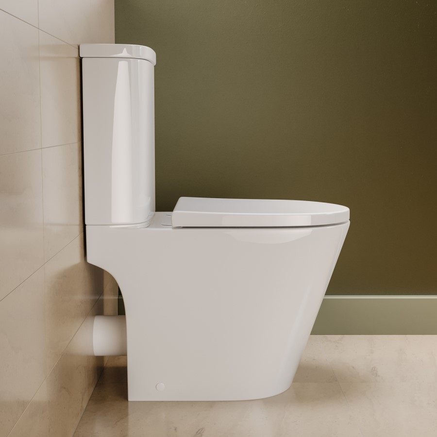 Close Coupled Rimless Open Back Short Projection Toilet with Brushed Brass Button and Tornado Flush - Newport