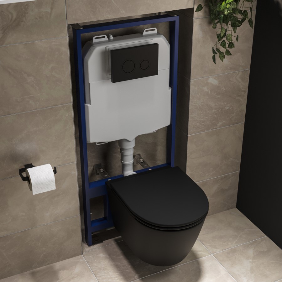 Matt Black Wall Hung Rimless Toilet with Soft Close Seat, Matt Black Mechanical Flush Plate, 1168mm Frame & Cistern – Newport