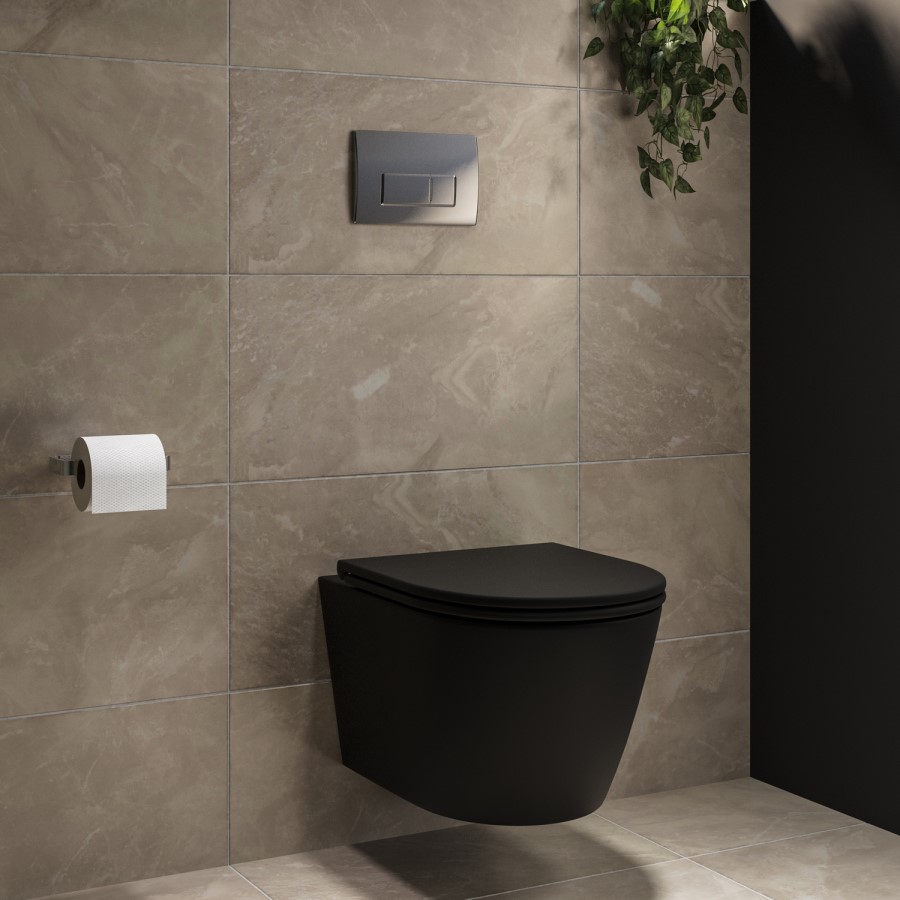 Matt Black Wall Hung Rimless Toilet with Soft Close Seat, Chrome Pneumatic Flush Plate, 1168mm Frame & Cistern – Newport