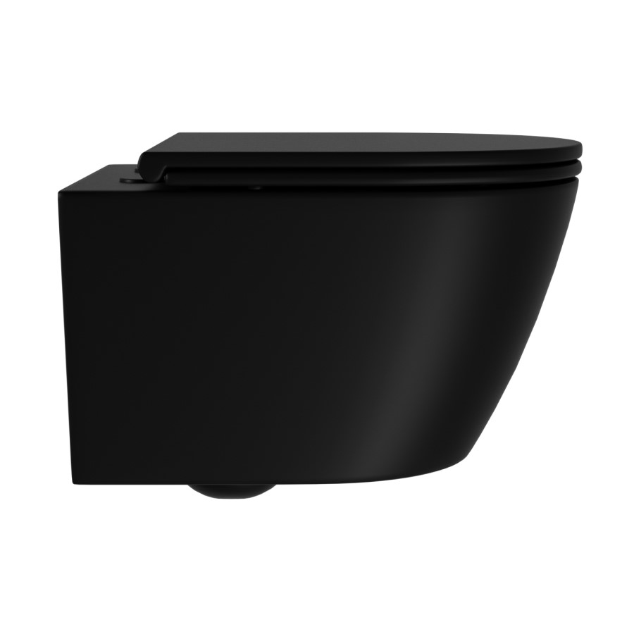 Matt Black Wall Hung Rimless Toilet with Soft Close Seat, Matt Black Pneumatic Flush Plate, 1168mm Frame & Cistern – Newport